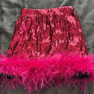 Pink Sequin Feather Trim Skirt